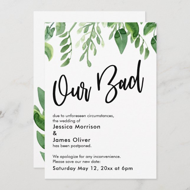 Watercolor Greenery Postponed Wedding Our Bad Card (Front/Back)