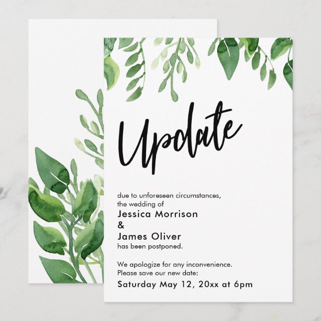 Watercolor Greenery Postponed Wedding Update Card (Front/Back)