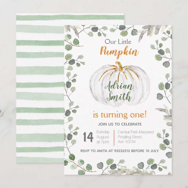 Watercolor Greenery Pumpkin 1st Birthday Invitation (Front/Back)