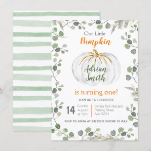 Watercolor Greenery Pumpkin 1st Birthday Invitation