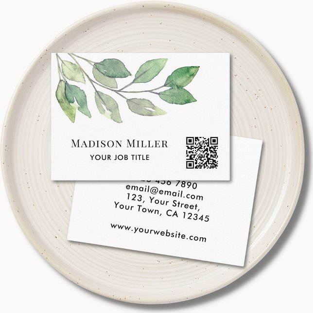 Watercolor Greenery QR Code Business Card (Creator Uploaded)