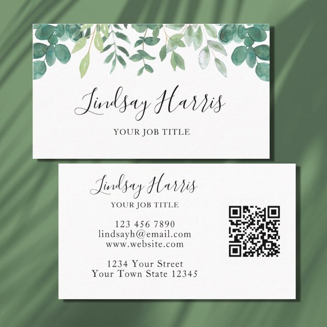 Watercolor Greenery QR Code Business Card (Creator Uploaded)