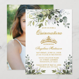 Watercolor Greenery Quinceañera Gold Photo Back Invitation