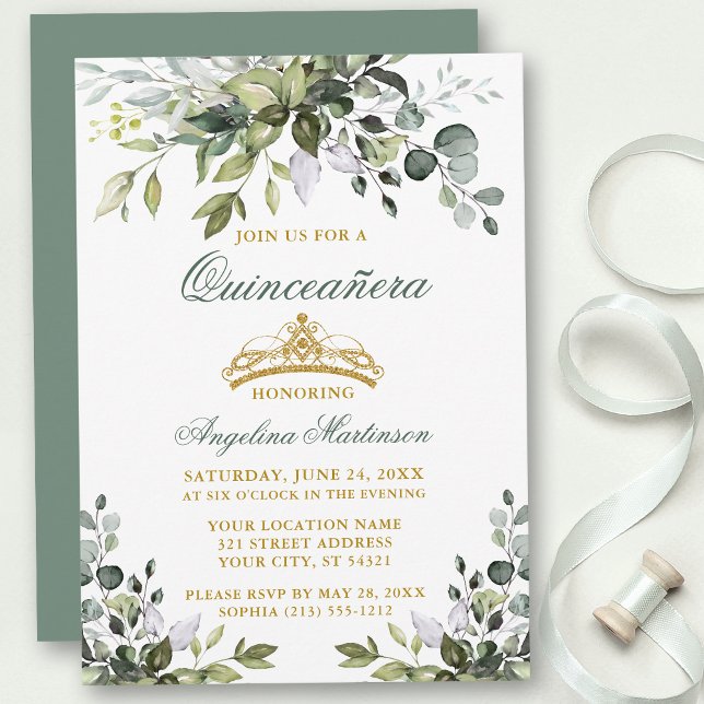 Watercolor Greenery Quinceañera Sage Green Gold Invitation (Customize to change text color, style, add text & photos to back or change color of back of card.)