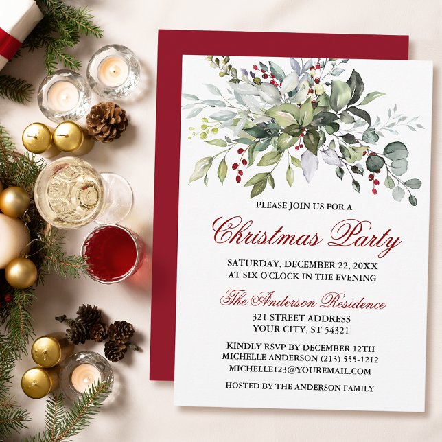 Watercolor Greenery Red Berries Christmas Party Invitation (Customize to change text color, size, style or to change color of back of card.)