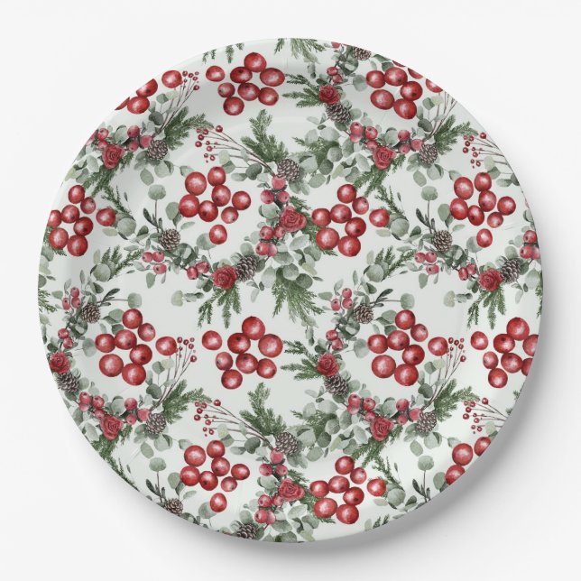 Watercolor Greenery Red Berries Christmas Pattern Paper Plate (Front)