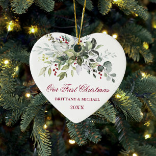 Watercolor Greenery Red Berries Heart Couple Ceramic Tree Decoration