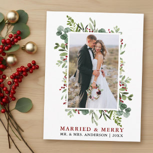 Watercolor Greenery Red Berries Married & Merry Postcard