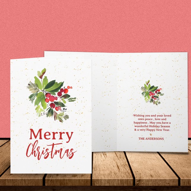 Watercolor Greenery & Red Berries Merry Christmas  Note Card (Watercolor Greenery & Red Berries Merry Christmas Note Card)