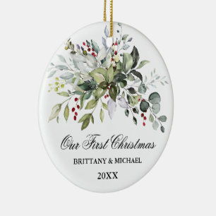 Watercolor Greenery Red Berries PHOTO BACK Ceramic Tree Decoration