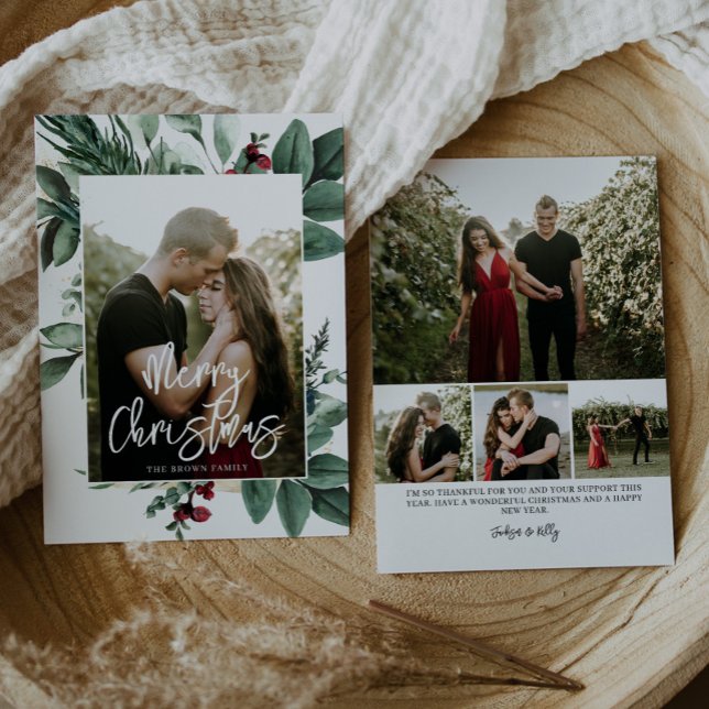 Watercolor Greenery Red Berries Photo Holiday Card (Creator Uploaded)