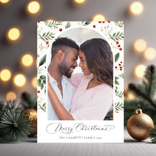 Watercolor Greenery & Red Berry Christmas Photo Holiday Card
