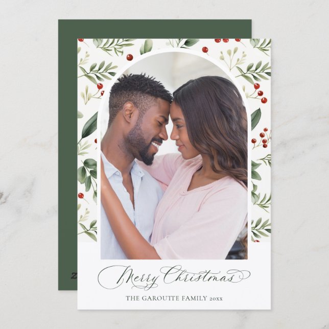 Watercolor Greenery & Red Berry Christmas Photo Holiday Card (Front/Back)