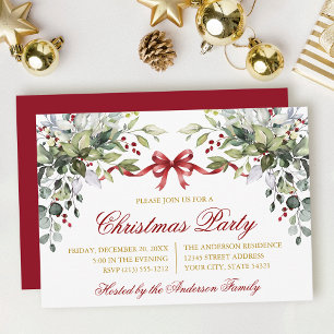 Watercolor Greenery Red Bow Christmas Party Gold Invitation