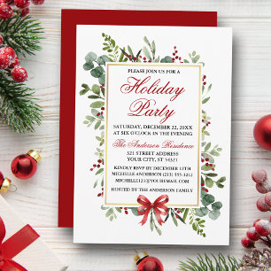 Watercolor Greenery Red Bow Holiday Party Invitation