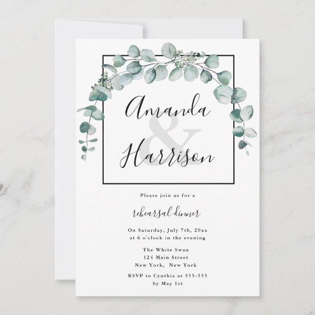 Watercolor Greenery Rehearsal Dinner Invitations (Front)