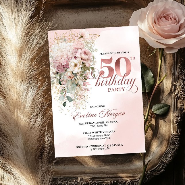 Watercolor Greenery Rose Gold 50th Birthday Invite (Watercolor Greenery Rose Gold 50th Birthday Invite for Women

)