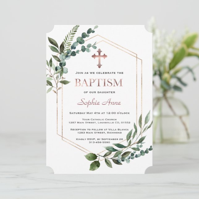 Watercolor Greenery Rose Gold Girl Baptism  Invitation (Standing Front)