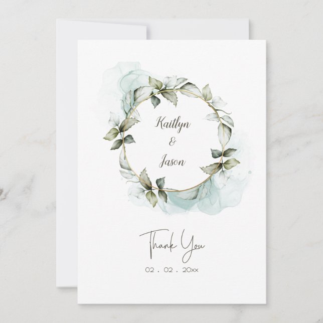 Watercolor greenery rose wreath wedding thank you card (Front)