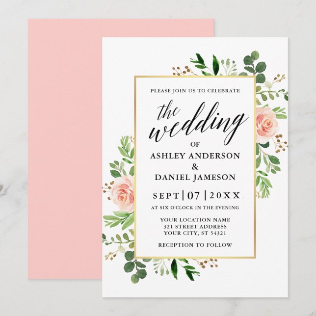 Watercolor Greenery Roses Calligraphy Wedding Invitation (Front/Back)