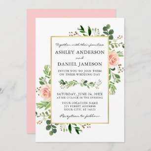 Watercolor Greenery Roses Pink Blush Wedding Invitation