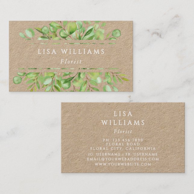 Watercolor Greenery Rustic  Business Card (Front/Back)