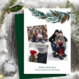 Watercolor Greenery Rustic Green Pine Cone Bough Holiday Card