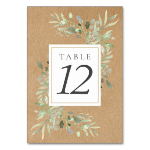 Watercolor Greenery Rustic Kraft Table Numbers