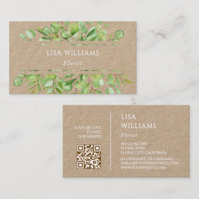 Watercolor Greenery Rustic  | QR Code Business Card (Front/Back)