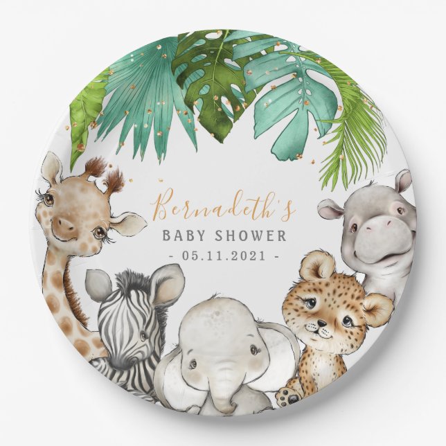 Watercolor Greenery Safari Animals  Baby Shower Paper Plate (Front)