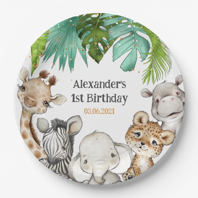 Watercolor Greenery Safari Animals Birthday Paper Plate (Front)