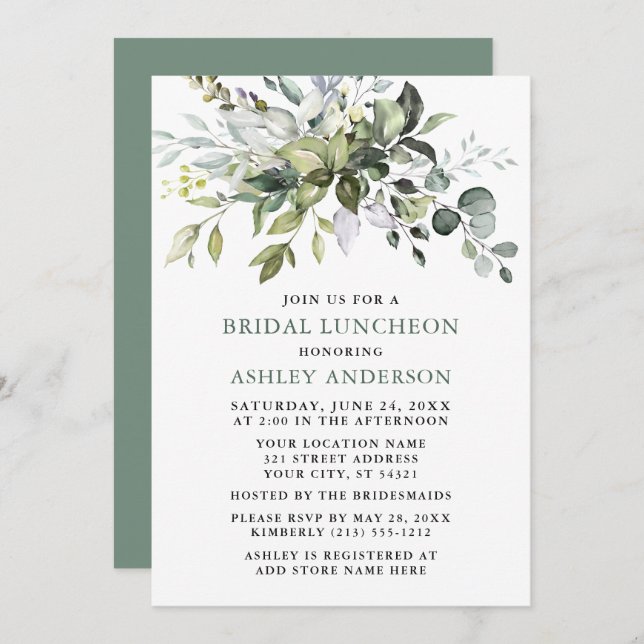 Watercolor Greenery Sage Green Bridal Luncheon Invitation (Front/Back)