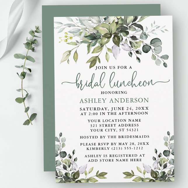 Watercolor Greenery Sage Green Bridal Luncheon Invitation (Customize to change your personalized text color, text style or color of back of card.)