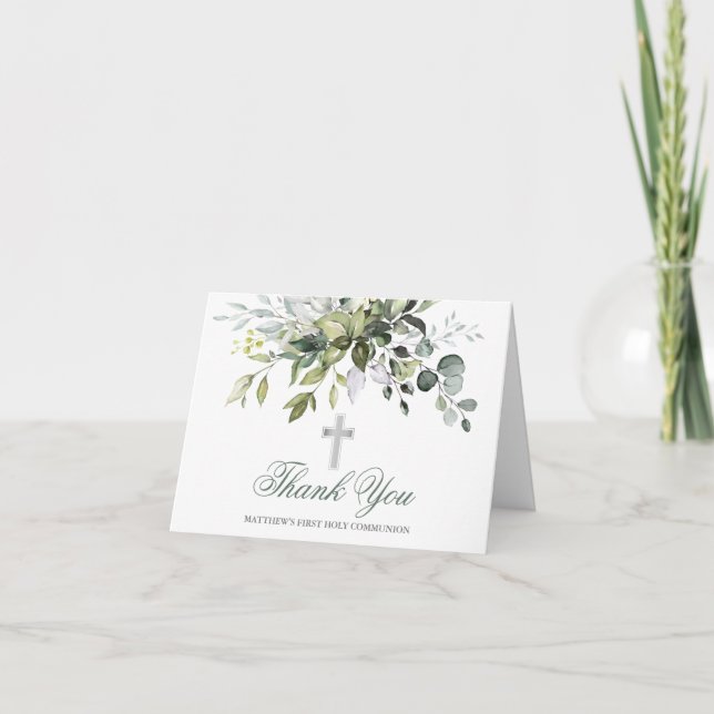Watercolor Greenery Sage Green Communion Note Thank You Card (Front)