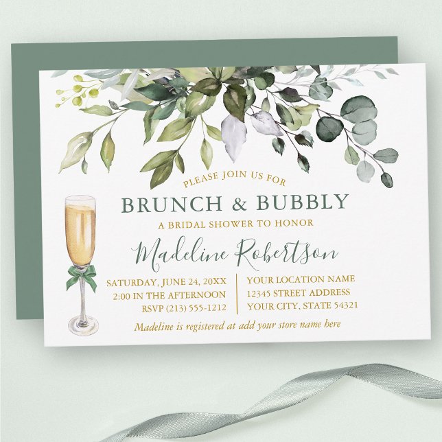 Watercolor Greenery Sage Green Gold Bridal Brunch Invitation (Customize to change text color, text style or color of back of card.)
