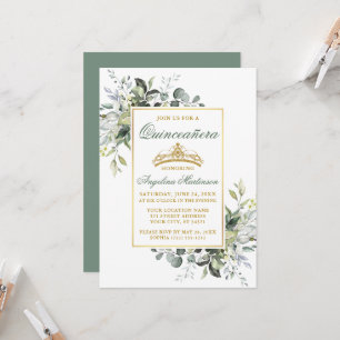 Watercolor Greenery Sage Green Gold Quinceanera Invitation