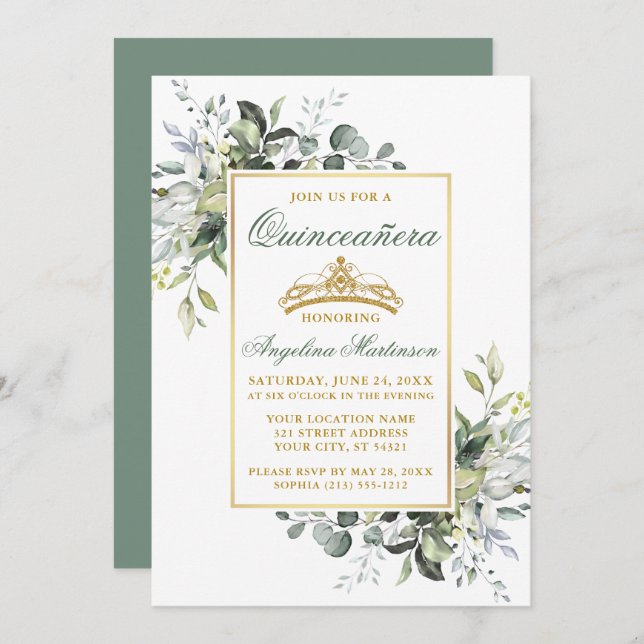 Watercolor Greenery Sage Green Gold Quinceanera Invitation (Front/Back)