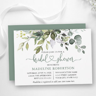 Watercolor Greenery Sage Green Heart Bridal Shower Invitation