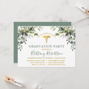 Watercolor Greenery Sage Green Medical Grad Party Invitation