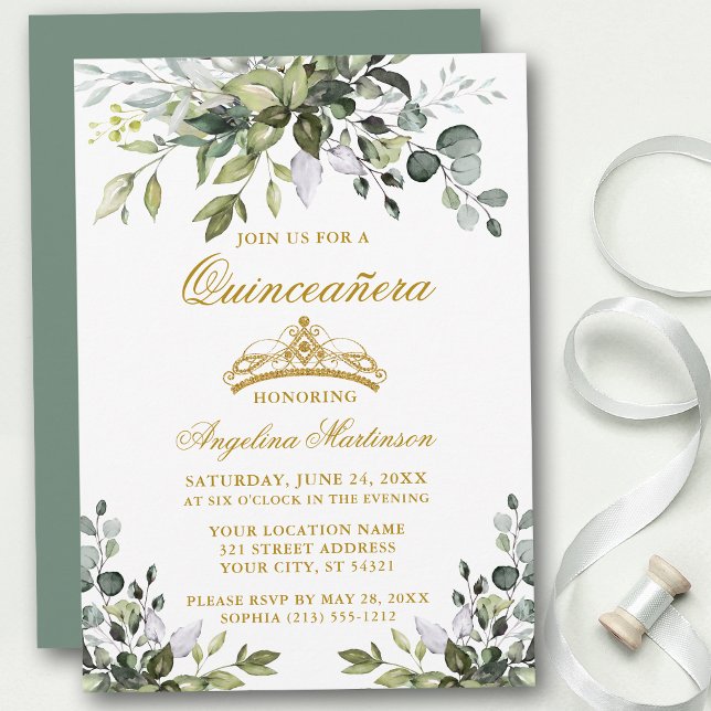 Watercolor Greenery Sage Green Quinceañera Gold Invitation (Customize to change text color, style, add text & photos to back or change color of back of card.)