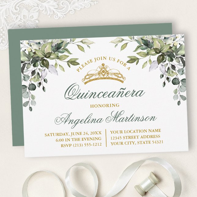 Watercolor Greenery Sage Green Quinceanera Party Invitation (Customize to change text color, text style or color of back of card.)