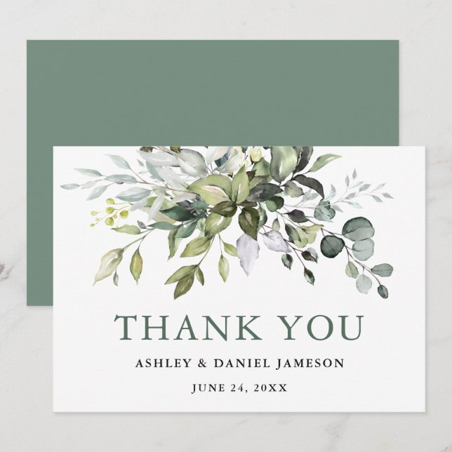 Watercolor Greenery Sage Green Wedding Thank You Card (Front/Back)