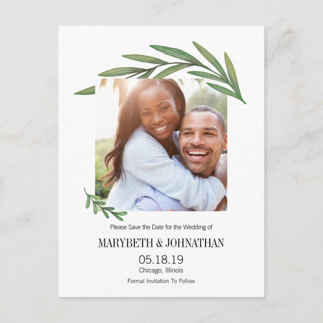 Watercolor Greenery Save The Date Photo Postcard (Front)