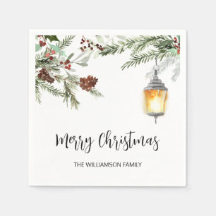 Watercolor Greenery Script Merry Christmas Napkin