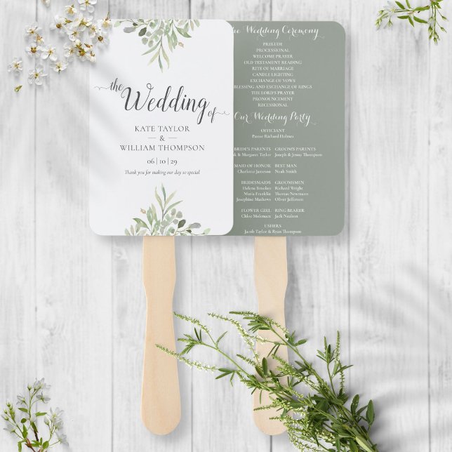 Watercolor Greenery Script Wedding Program Hand Fan (Creator Uploaded)