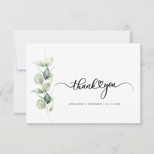 Watercolor Greenery Script Wedding Thank You Card (Front)