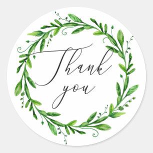 Watercolor greenery script wedding thank you classic round sticker