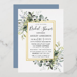 Watercolor Greenery Shower Dusty Blue 2 Frame Gold