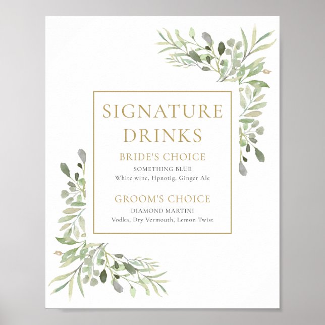 Watercolor Greenery Signature Drinks Sign (Front)