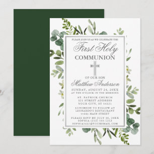 Watercolor Greenery Silver First Communion Invitation
